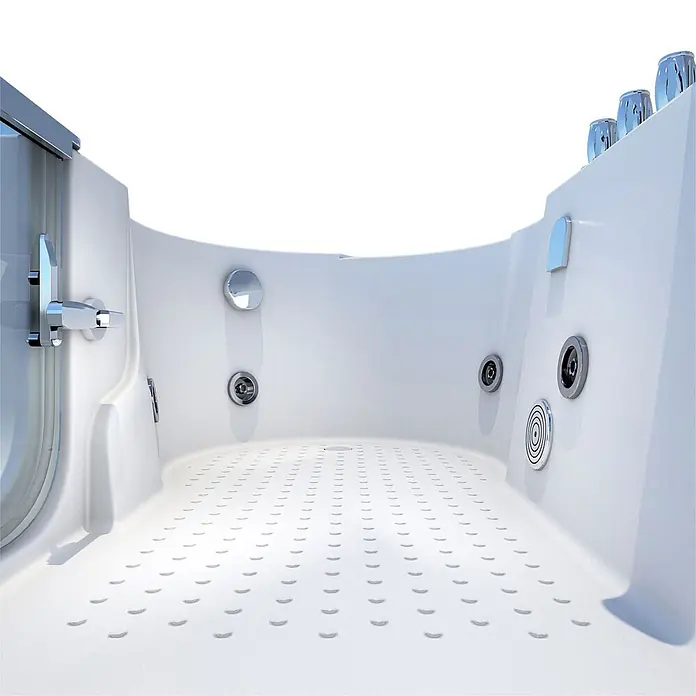 AcquaVapore Badewanne Fertigdusche S12-TH-WP-R - 85 x 170 cm, Acryl, Weiß - Weißer begehbarer Badewanneninnenraum mit Chromarmaturen und rutschfestem Boden.