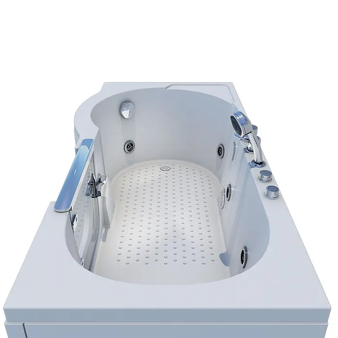 AcquaVapore Badewanne Fertigdusche S12-EH-WP-R - Acryl, Weiß - Weiße Hydromassagewanne mit Chromarmaturen, Handbrause, Bedienknöpfen, rutschfestem Boden und Haltegriff.
