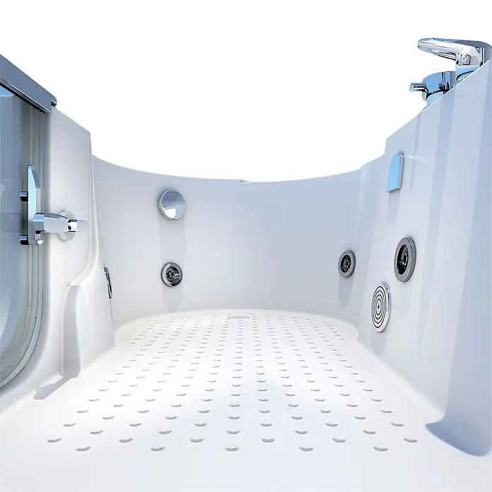 AcquaVapore Badewanne Fertigdusche S12-EH-WP-R - Acryl, Weiß - Weißer begehbarer Badewanneninnenraum mit Chromarmatur, Düsen und rutschfestem Strukturboden.