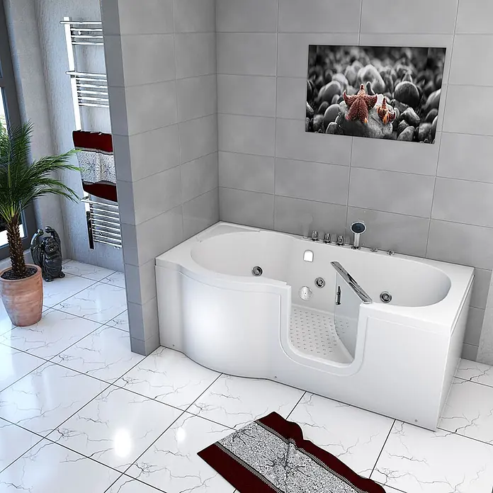 AcquaVapore Badewanne Fertigdusche S12-TH-WP-R - 85 x 170 cm, Acryl, Weiß - Weiße barrierefreie Badewanne mit integriertem Sitz und Düsen in einem modernen Badezimmer.