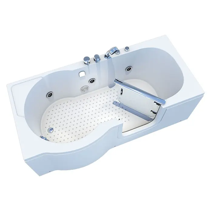 AcquaVapore Badewanne Fertigdusche S12-EH-WP-R - Acryl, Weiß - Weiße begehbare Badewanne mit rutschfestem Boden, Chromarmaturen, Düsen und klarer Seitentür für barrierefreies Baden.