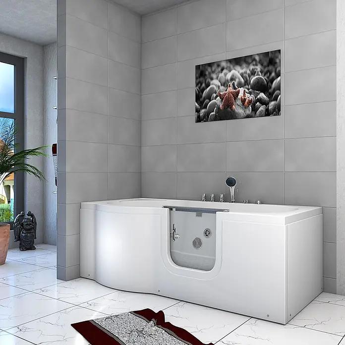 AcquaVapore Badewanne Fertigdusche S12-TH-WP-R - 85 x 170 cm, Acryl, Weiß - Weiße begehbare Badewanne mit klarer Glastür in einem modernen Badezimmer.