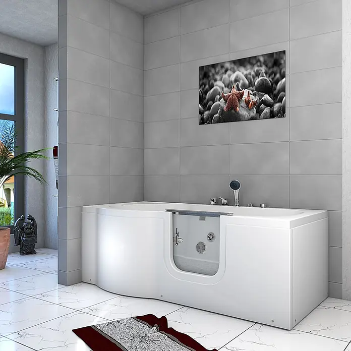 AcquaVapore Badewanne Fertigdusche S12-EH-WP-R - Acryl, Weiß - Weiße begehbare Badewanne mit klarer Einstiegstür in einem modernen Badezimmer, die einfachen Zugang und Barrierefreiheit betont.