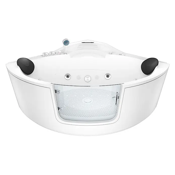AcquaVapore Badewanne Fertigdusche W60-SC - Acryl, Weiß - Weißer Eck-Whirlpool mit schwarzen Kopfstützen, transparenter Frontplatte und texturiertem Innenboden.