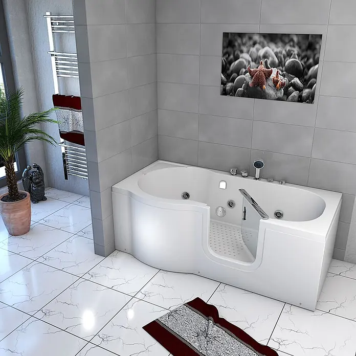 AcquaVapore Badewanne Fertigdusche S12-EH-WP-R - Acryl, Weiß - Weiße barrierefreie Einstiegsbadewanne mit Sitz und Hydromassagedüsen im modernen Bad.