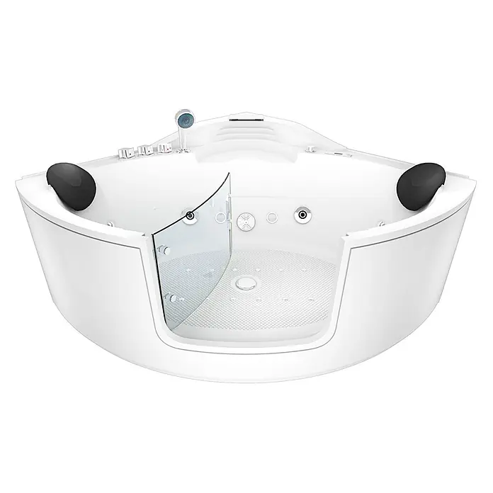 AcquaVapore Badewanne Fertigdusche W60-SC - Acryl, Weiß - Weißer Eck-Whirlpool mit Glasabtrennung, schwarzen Kopfstützen und Chromarmaturen.