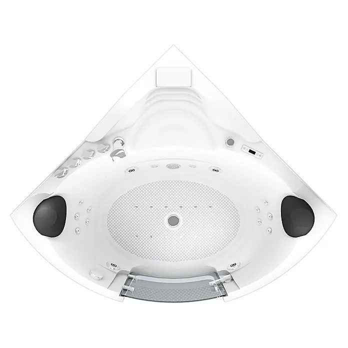 AcquaVapore Badewanne Fertigdusche W60H-SC - Acryl, Weiß - Weißer Eck-Whirlpool mit schwarzen Kopfstützen, Chromarmaturen und digitalem Bedienfeld, von oben gesehen.