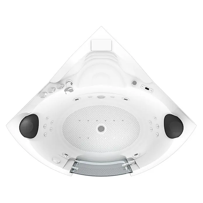 AcquaVapore Badewanne Fertigdusche W60-SC - Acryl, Weiß - Obere Ansicht eines weißen Eck-Whirlpools mit schwarzen Kopfstützen, Chromarmaturen, Hydromassagedüsen und integrierten Bedienelementen.