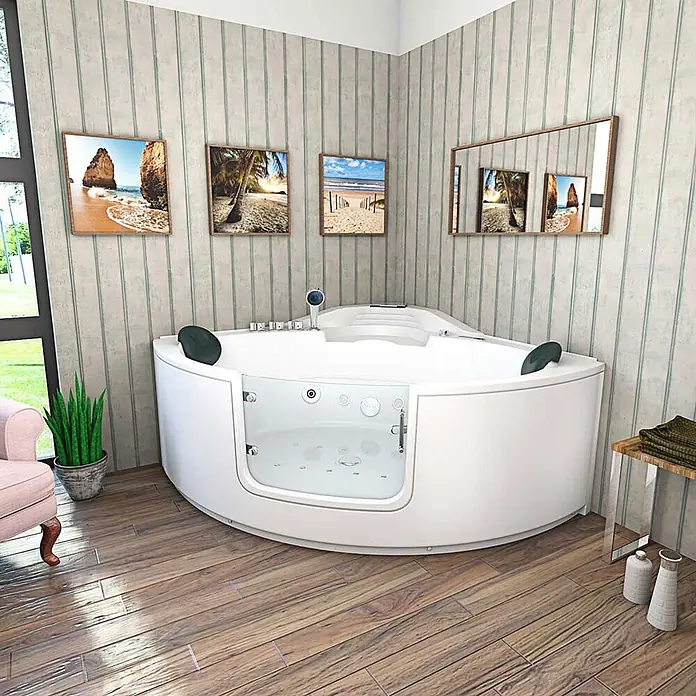 AcquaVapore Badewanne Fertigdusche W60-SC - Acryl, Weiß - Weiße Eck-Badewanne mit Glaseinstiegstür und dunklen Kopfstützen in einem modernen Badezimmer.