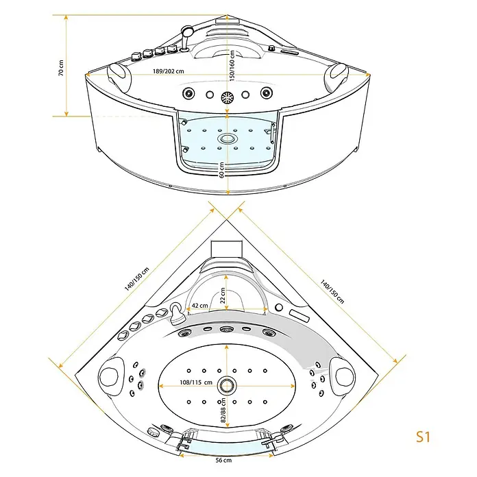 AcquaVapore Badewanne Fertigdusche W60H-SC - Acryl, Weiß - Technische Zeichnung einer weißen Eck-Whirlpool-Badewanne mit Maßen.
