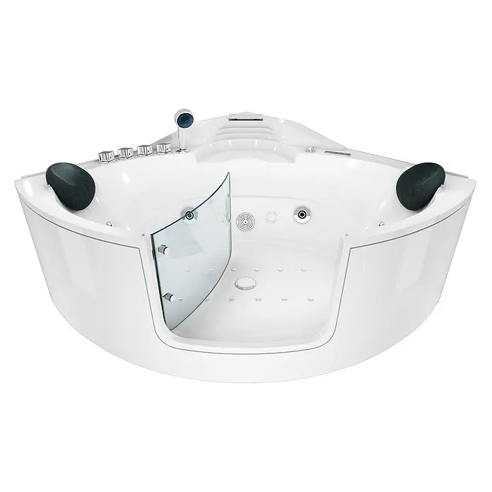 AcquaVapore Badewanne Fertigdusche W60H-SC - Acryl, Weiß - Weißer Eck-Whirlpool mit schwarzen Kopfstützen, Bedienfeld und klarer Glasduschabtrennung.
