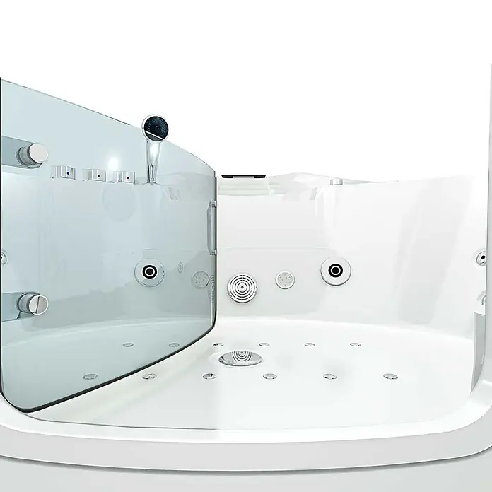 AcquaVapore Badewanne Fertigdusche W60-SC - Acryl, Weiß - Weiße Acryl-Dusch-Badewannen-Kombination mit gebogener Glasduschkabine, Hydromassagedüsen und Duscharmaturen.