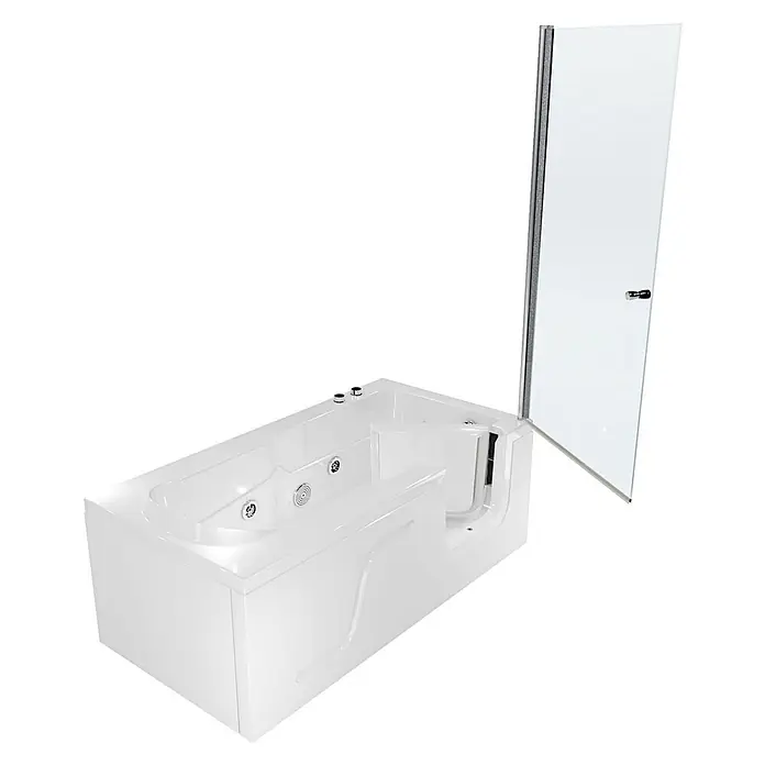 AcquaVapore Badewanne Fertigdusche S17D-WP-L - 150 x 75 cm, Acryl, Weiß - Weiße begehbare Badewanne mit Düsen und integrierter Klarglas-Duschabtrennung, für Barrierefreiheit.