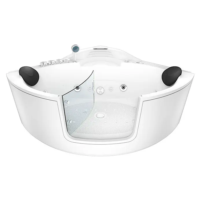 AcquaVapore Badewanne Fertigdusche W60H-SC - Acryl, Weiß - Weißer Whirlpool mit schwarzen Kopfstützen, Handbrause, Bedienknöpfen, Hydromassage-Düsen und einer klaren Glastrennwand.