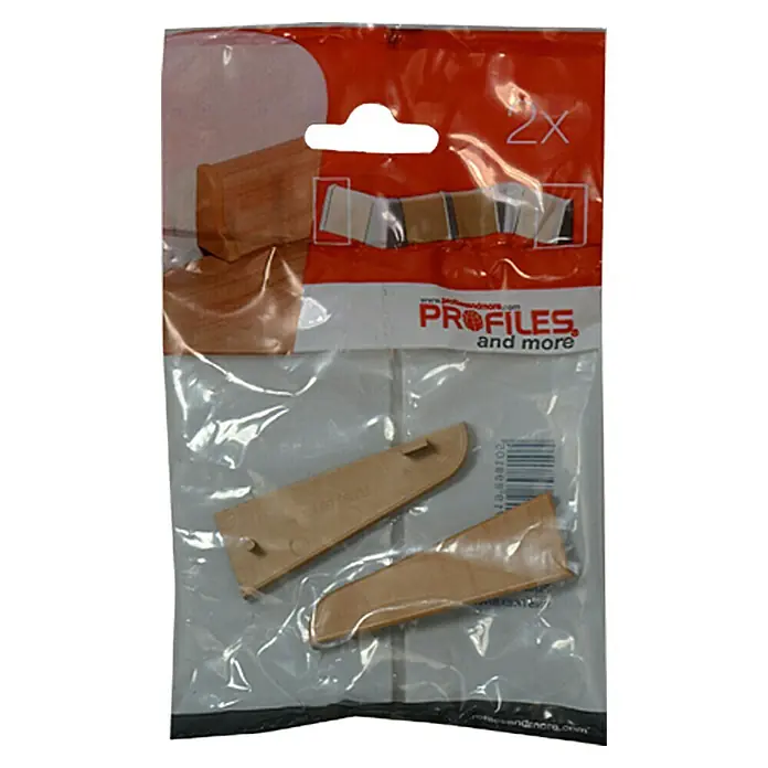 Profiles and more Endkappe FU60L - Birne golden, 2 Stk. - Verpackung mit zwei beigen Profilen. Ideal zur Verkleidung von Innenräumen und zur Ergänzung von Profilen. Vielseitig und praktisch.
