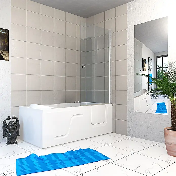 AcquaVapore Badewanne Fertigdusche S17D-WP-L - 150 x 75 cm, Acryl, Weiß - Weiße barrierefreie Badewanne mit Duschabtrennung aus Klarglas in einem gefliesten Badezimmer.