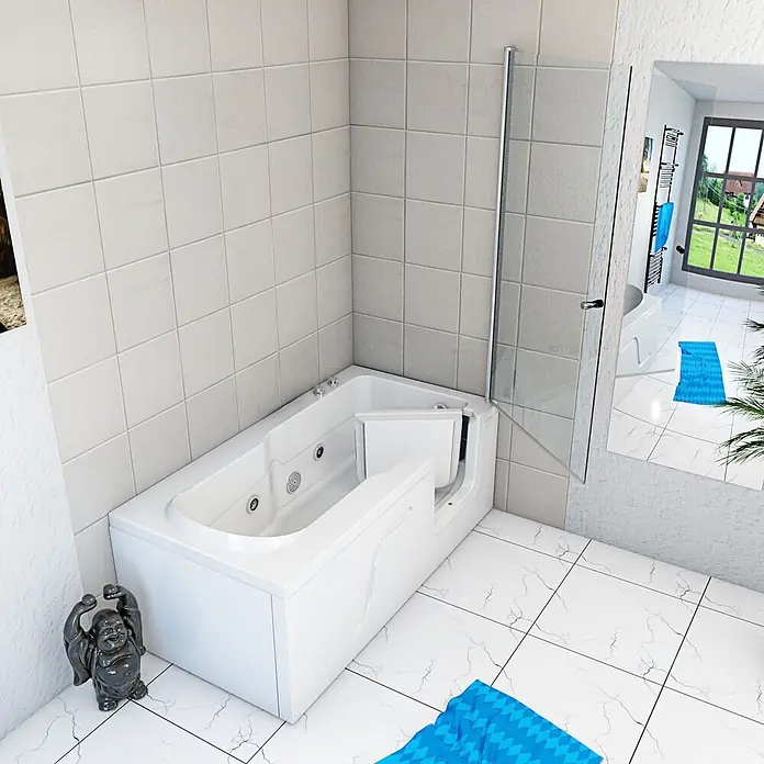 AcquaVapore Badewanne Fertigdusche S17D-WP-L - 150 x 75 cm, Acryl, Weiß - Weiße begehbare Badewanne mit leicht zugänglicher Tür, Massagedüsen und Glasabtrennung.