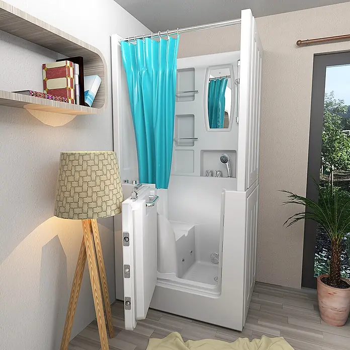 AcquaVapore Badewanne Fertigdusche S02D-WP-A-L - 78 x 100 cm, Acryl, Weiß - Weiße barrierefreie Dusch- und Wannenkombo mit offener Tür, integriertem Sitz und blauem Duschvorhang.