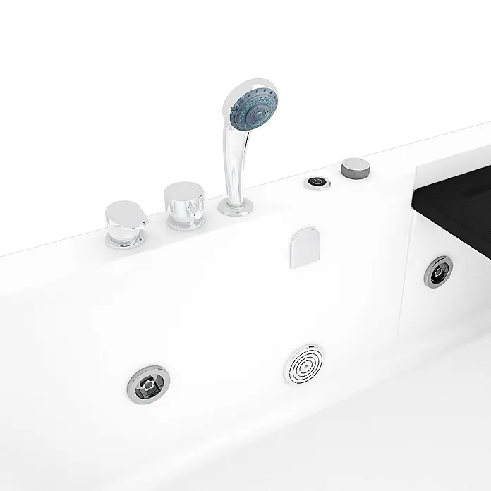 AcquaVapore Badewanne Fertigdusche S15D-WP-EH-L - Acryl, Weiß - Weiße Badewanne mit Chrom-Handbrause, Bedienelementen und Hydromassagedüsen. Mit schwarzer Ablage.