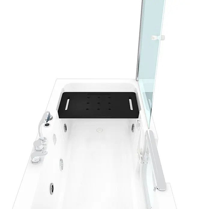 AcquaVapore Badewanne Fertigdusche S15D-WP-EH-L - Acryl, Weiß - Weiße begehbare Badewanne mit schwarzem Badesitz und Duschwand.