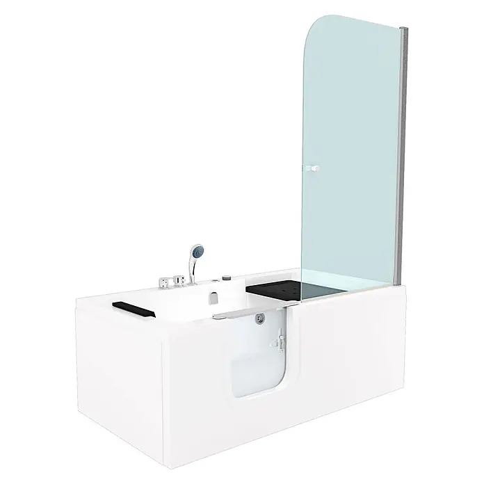 AcquaVapore Badewanne Fertigdusche S15D-WP-EH-L - Acryl, Weiß - Weiße begehbare Badewanne mit Duschabtrennung aus Glas, Chromarmaturen und integrierter Brause für einfachen Zugang.