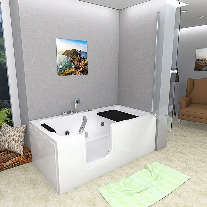 AcquaVapore Badewanne Fertigdusche S15D-WP-EH-L - Acryl, Weiß - Eine weiße begehbare Badewanne mit integriertem Sitz und Tür für einfachen Zugang, in einem modernen Badezimmer.