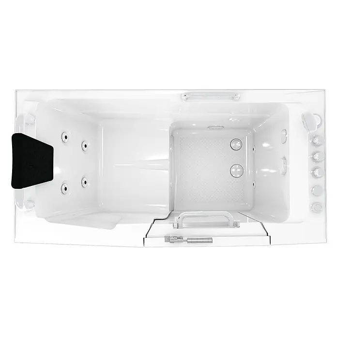 AcquaVapore Badewanne Fertigdusche S07WP-TH-C-R - 140 x 76 cm, Acryl, Weiß - Weiße barrierefreie Badewanne mit schwarzer Kopfstütze, Hydromassagedüsen, Haltegriffen und rutschfestem Boden, von oben gesehen.