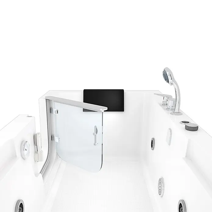 AcquaVapore Badewanne Fertigdusche S15D-WP-EH-L - Acryl, Weiß - Weiße begehbare Badewanne mit offener Glastür, Chromarmaturen, integrierter Handbrause und schwarzer Kopfstütze.
