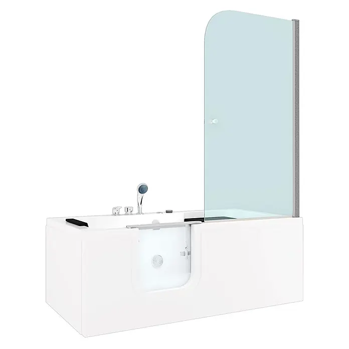 AcquaVapore Badewanne Fertigdusche S15D-WP-EH-L - Acryl, Weiß - Weiße Badewanne mit Einstiegstür und integrierter Glas-Duschwand, konzipiert für Barrierefreiheit und Sicherheit.