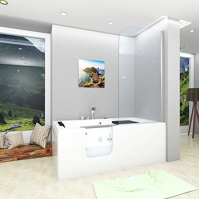 AcquaVapore Badewanne Fertigdusche S15D-WP-EH-L - Acryl, Weiß - Weiße begehbare Badewanne mit Glasduschabtrennung in einem modernen Badezimmer, mit niedriger Einstiegstür.