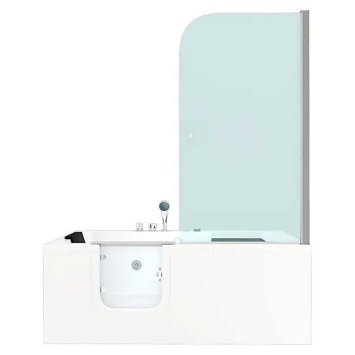 AcquaVapore Badewanne Fertigdusche S15D-WP-EH-L - Acryl, Weiß - Weiße begehbare Badewanne mit integriertem Sitz, zugänglicher Tür, Handbrause und gebogener Duschabtrennung aus Glas.
