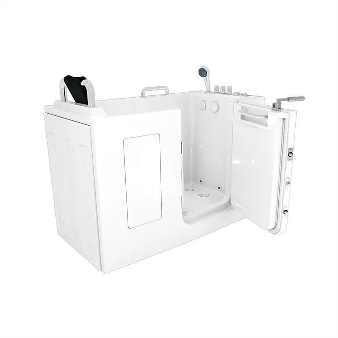 AcquaVapore Badewanne Fertigdusche S07WP-TH-C-R - 140 x 76 cm, Acryl, Weiß - Weiße begehbare Badewanne mit offener Tür, schwarzer Kopfstütze, integrierter Brause und Bedienelementen für barrierefreies Baden.