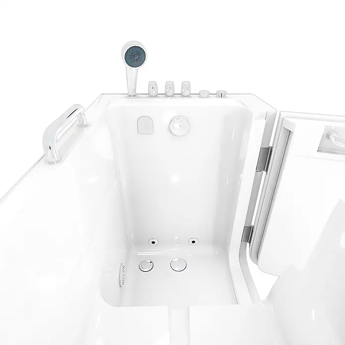 AcquaVapore Badewanne Fertigdusche S07WP-TH-C-R - 140 x 76 cm, Acryl, Weiß - Weiße begehbare Badewanne mit offener Tür, Haltegriff, integrierter Handbrause, Bedienknöpfen und Düsen.