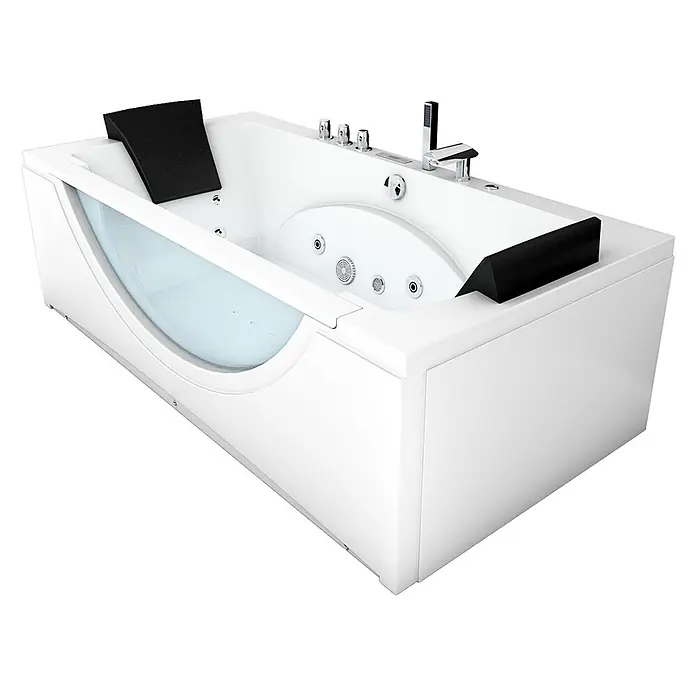 AcquaVapore Badewanne Fertigdusche W81-TH-A - Acryl, Weiß - Weiße moderne Hydromassage-Badewanne mit transparenter Seitenwand, schwarzen Kopfstützen und Chromarmaturen.
