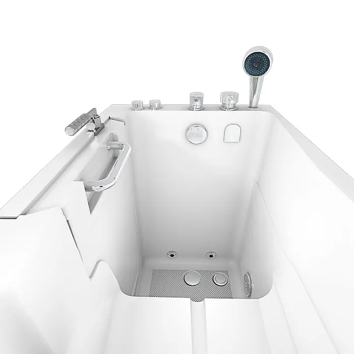 AcquaVapore Badewanne Fertigdusche S08WP-A-R - 68 x 110 cm, Acryl, Weiß - Weiße begehbare Badewanne mit Chromarmaturen, Haltegriffen, Handbrause und rutschfestem Boden für Barrierefreiheit.