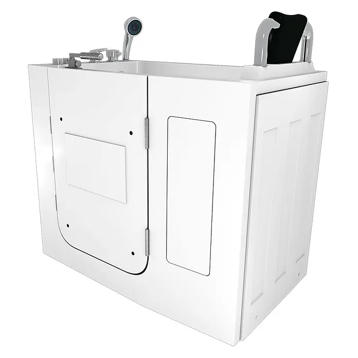 AcquaVapore Badewanne Fertigdusche S08WP-A-R - 68 x 110 cm, Acryl, Weiß - Weiße begehbare Badewanne mit integrierter Duschbrause und schwarzer Kopfstütze, mit seitlicher Einstiegstür.
