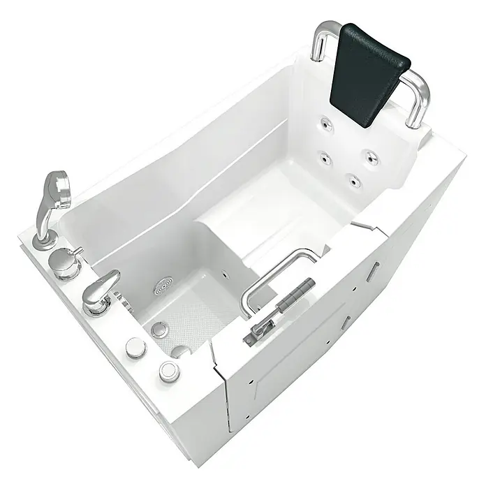 AcquaVapore Badewanne Fertigdusche S08WP-A-R - 68 x 110 cm, Acryl, Weiß - Weiße begehbare Badewanne mit Chromarmaturen, integriertem Sitz, Hydromassagedüsen, Kopfstütze, Haltegriffen und leicht zugänglicher Seitentür.