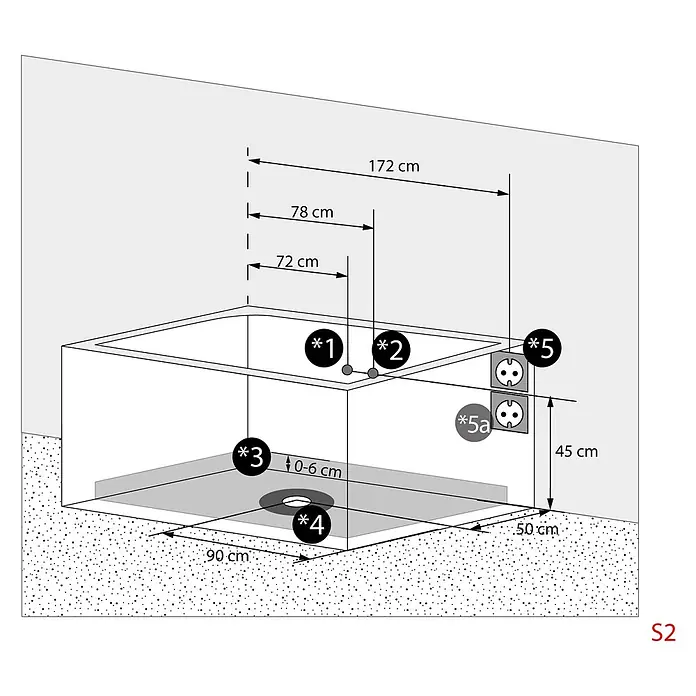 AcquaVapore Badewanne Fertigdusche W83-C - Acryl, Weiß - Installationsschema für eine Duschwanne mit Maßen für Wasser-, Abfluss- und Elektroanschlüsse.