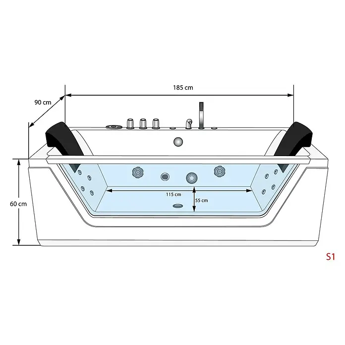 AcquaVapore Badewanne Fertigdusche W83-C - Acryl, Weiß - Weißer Whirlpool mit Kopfstützen, Armaturen und Düsen, Gesamtmaße 185x90x60 cm, Innenmaße 115x55 cm.