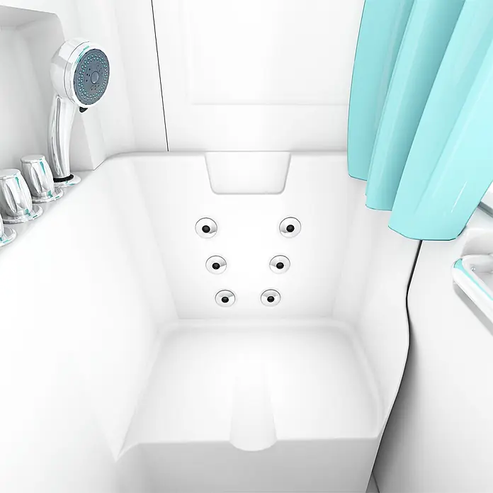 AcquaVapore Badewanne Fertigdusche S02D-WP-TH-A-R - 78 x 100 cm, Acryl, Weiß - Weiße Whirlpool-Badewanne mit sechs Düsen, Handbrause und hellblauem Duschvorhang.
