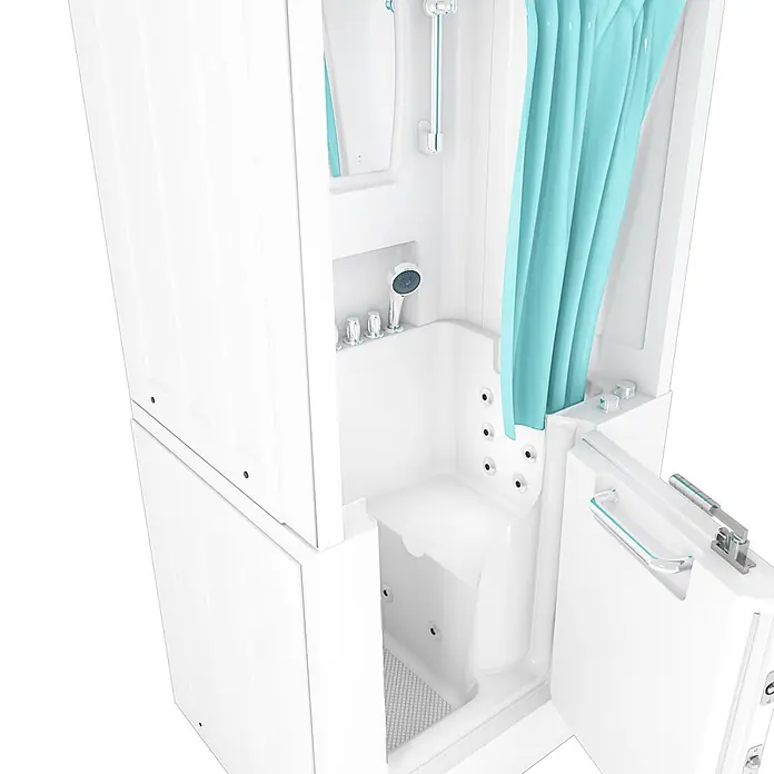 AcquaVapore Badewanne Fertigdusche S02D-WP-TH-A-R - 78 x 100 cm, Acryl, Weiß - Weiße barrierefreie Badewannen-Duschkombination mit offener Tür, türkisfarbenem Duschvorhang und Chromarmaturen.