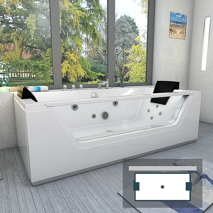 AcquaVapore Badewanne Fertigdusche W83R-TH-B-SC - Acryl, Weiß - Weiße, rechteckige Hydromassage-Badewanne mit schwarzen Kopfstützen in modernem Bad am Fenster.