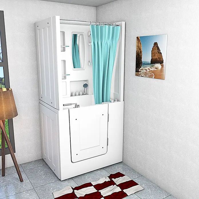 AcquaVapore Badewanne Fertigdusche S02D-WP-TH-C-R - 100 x 78 cm, Acryl, Weiß - Weiße barrierefreie Badewannen-Dusch-Kombination mit Einstiegstür und hellblauem Duschvorhang in einem modernen Badezimmer.