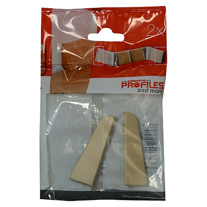 Profiles and more Endkappe FU60L - Ahorn, 2 Stk. - Eine Packung mit zwei beigen Profiles and more Kappen, verpackt in einer durchsichtigen Plastiktüte mit rotem Aufdruck.