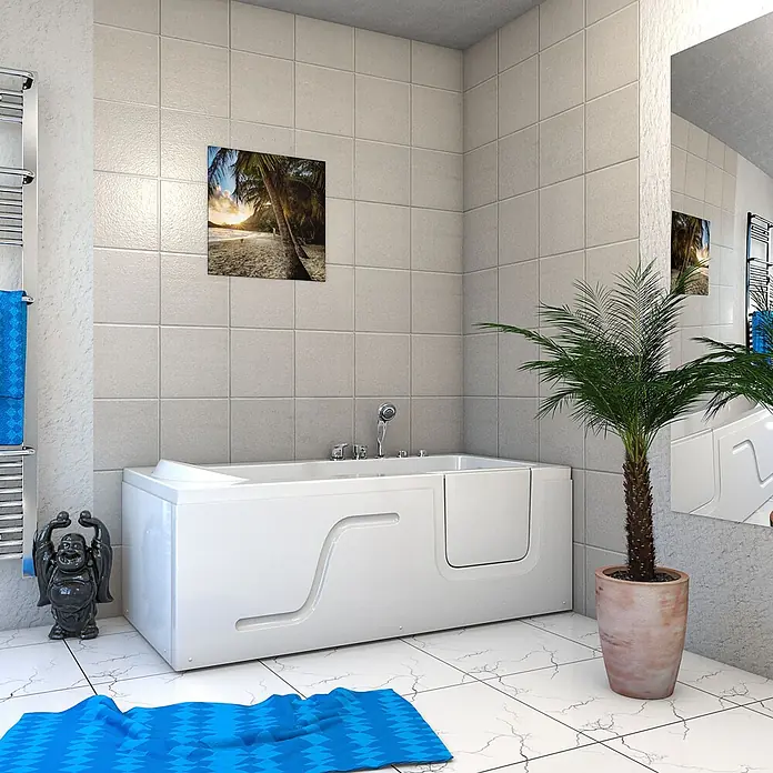 AcquaVapore Badewanne Fertigdusche S17-EH-WP-L - Acryl, Weiß - Weiße barrierefreie Badewanne mit integrierter Tür und Chromarmaturen in einem modernen Badezimmer.