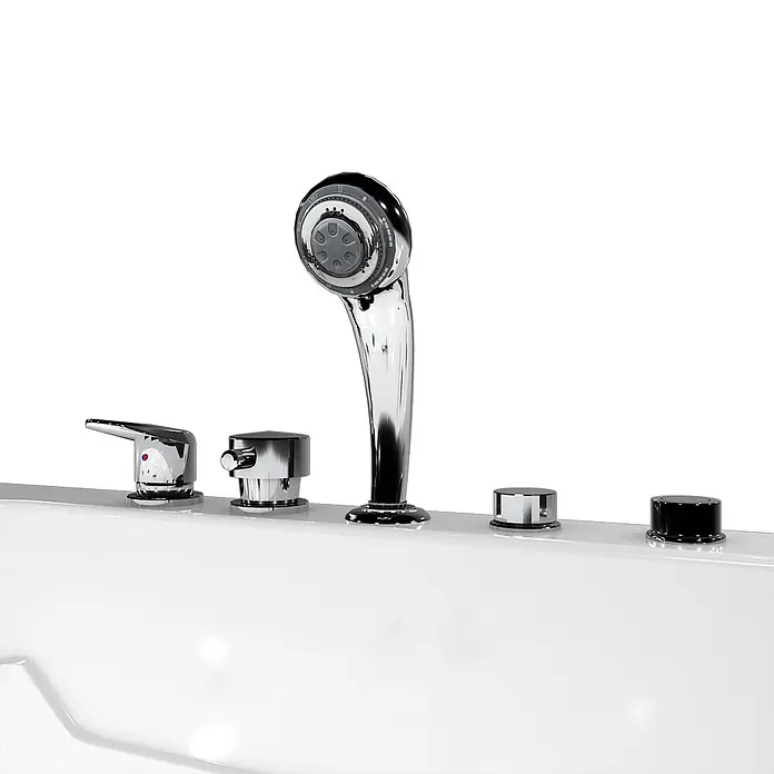AcquaVapore Badewanne Fertigdusche S17-EH-WP-L - Acryl, Weiß - Polierter Chrom-Badewannenhahn-Set mit Handbrause, auf weißem Wannenrand montiert.