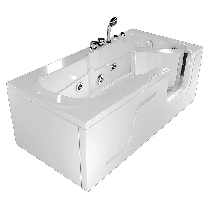 AcquaVapore Badewanne Fertigdusche S17-EH-WP-L - Acryl, Weiß - Weiße Acryl-Einstiegswanne mit integrierter Tür für einfachen Zugang, ausgestattet mit Duschkopf und Massagedüsen.