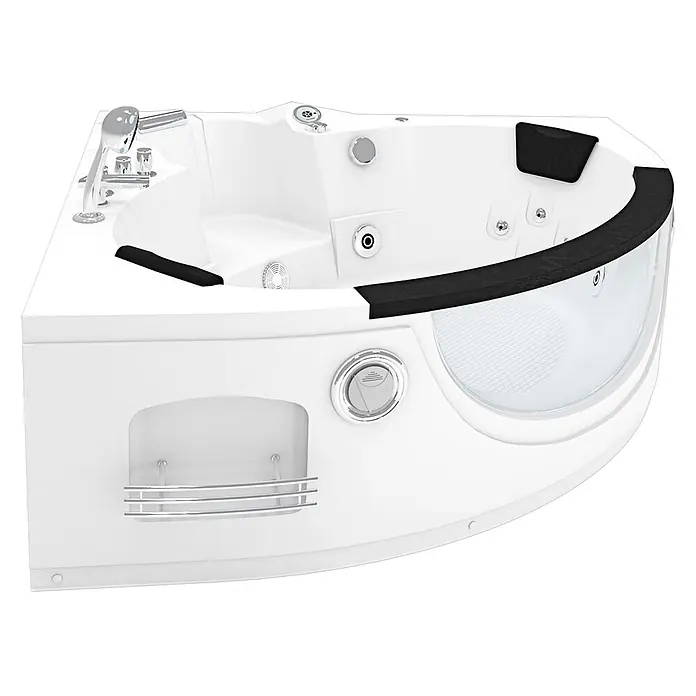 AcquaVapore Badewanne Fertigdusche W06R-TH-SC - Acryl, Weiß - Weißer Eck-Whirlpool mit schwarzen Komfortelementen und Chromarmaturen.