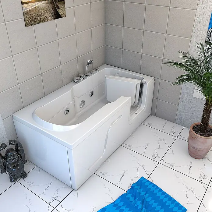 AcquaVapore Badewanne Fertigdusche S17-EH-WP-L - Acryl, Weiß - Weiße begehbare Badewanne mit Seitentür und integrierten Düsen, in einem gefliesten Badezimmer.