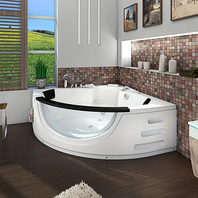 AcquaVapore Badewanne Fertigdusche W06R-SC - Acryl, Weiß - Weiße Eck-Whirlpool-Badewanne aus Acryl mit transparenter Frontscheibe und schwarzen Akzenten im modernen Badezimmer.